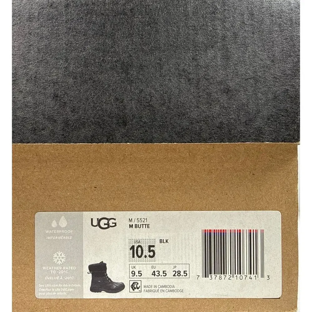 UGG Butte Winter Boots Mens 9.5 Waterproof Black Leather Sheepskin Lined‎ 5521